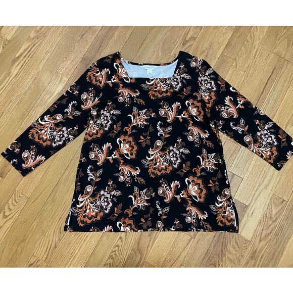 Liz Claiborne 3/4 Sleeve Square Neck Floral Black Rust Orange Split Hem Top L - Picture 1 of 5